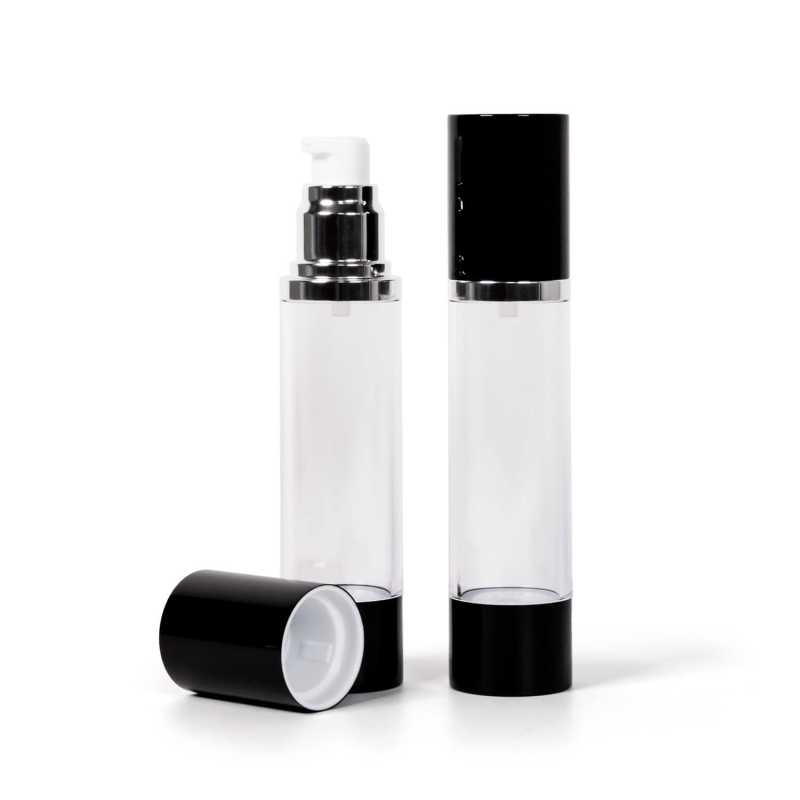 Průhledná airless lahvička s černým víčkem 50 ml