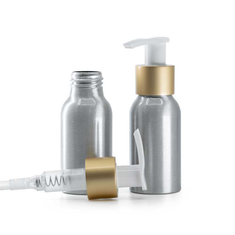 Hliníková láhev, bílý dávkovač s matným zlatým kroužkem, 50 ml