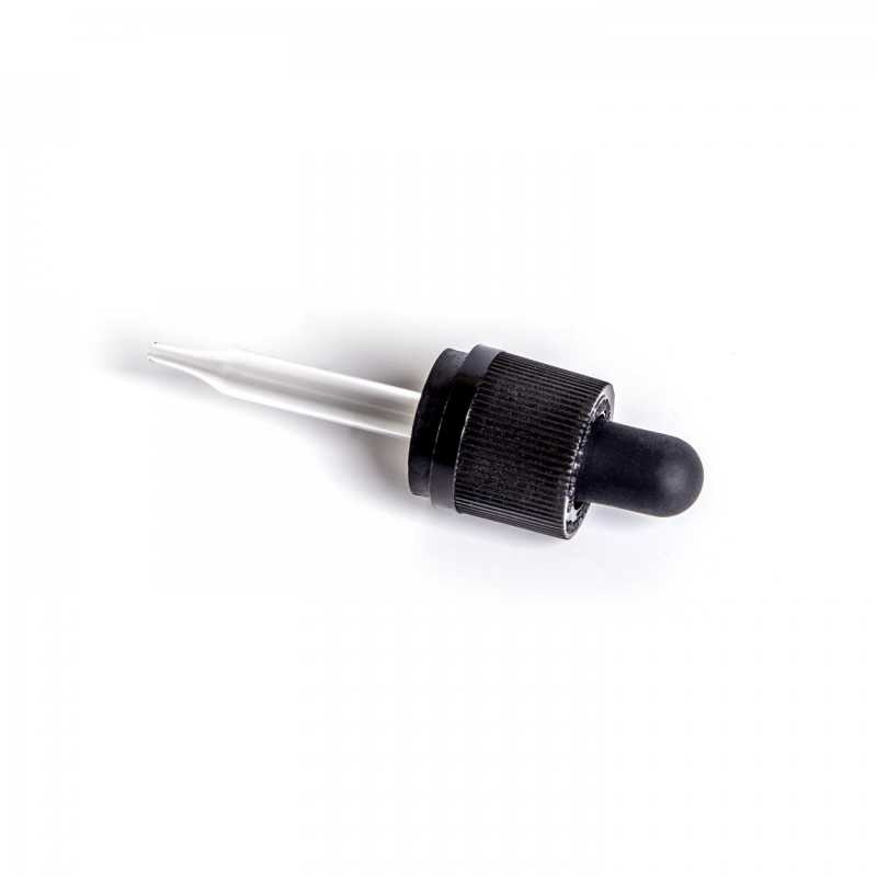 Skleněné černé kapátko s dětskou pojistkou ukončeno pipetou , vhodné na láhev o průměru hrdla 18 mm a objemu 10 ml. Délka skleněné tuby: 52 mm Mat