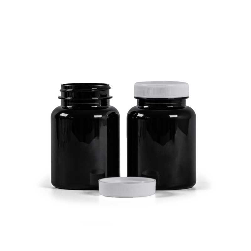 Plastová dóza na léky, černá, bílé víčko, 150 ml