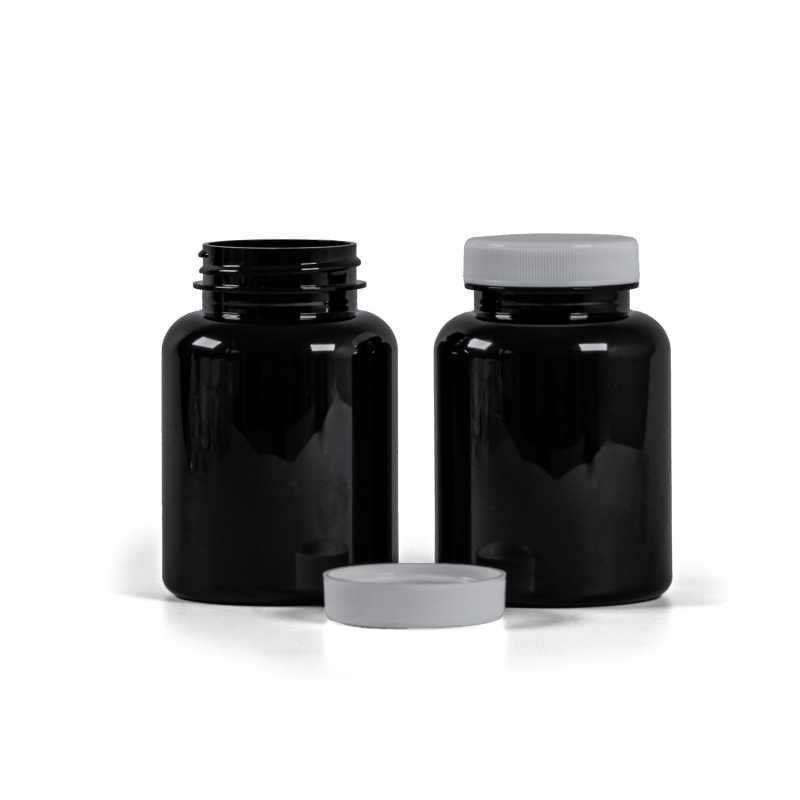 Plastová dóza na léky, černá, bílé víčko, 200 ml