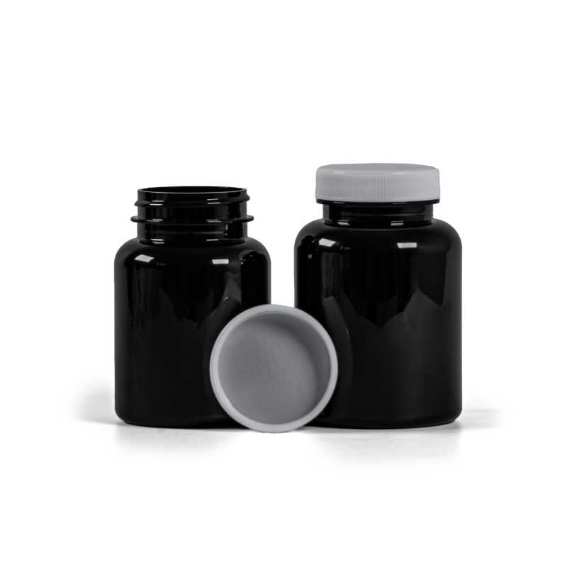 Plastová dóza na léky, černá, bílé víčko, indučkní vložka, 150 ml