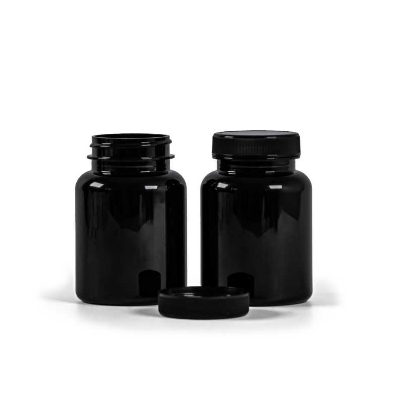 Plastová dóza na léky, černá, černé víčko, 150 ml