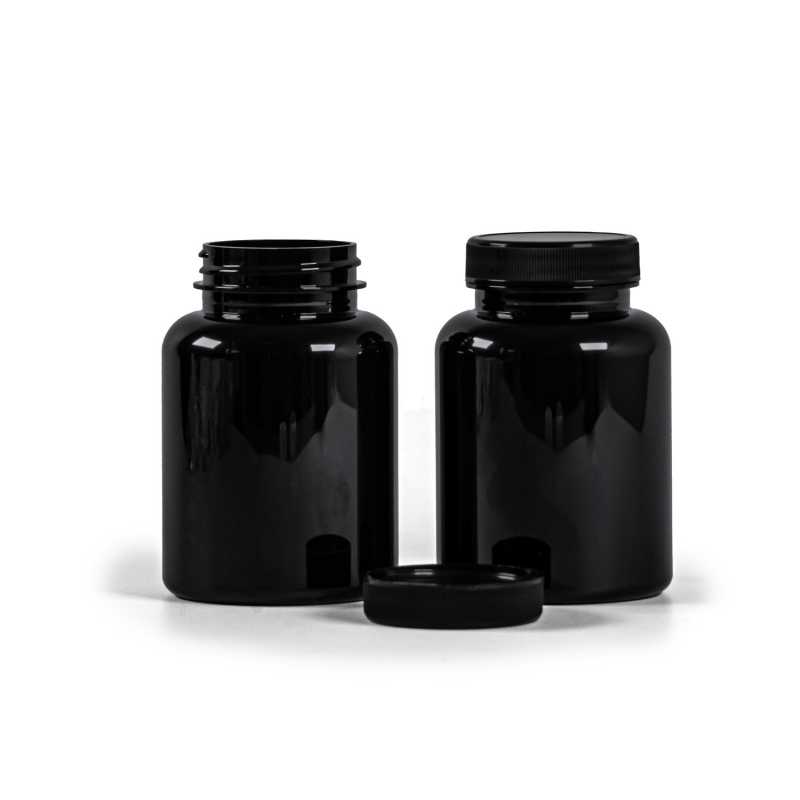 Plastová dóza na léky, černá, černé víčko, 200 ml