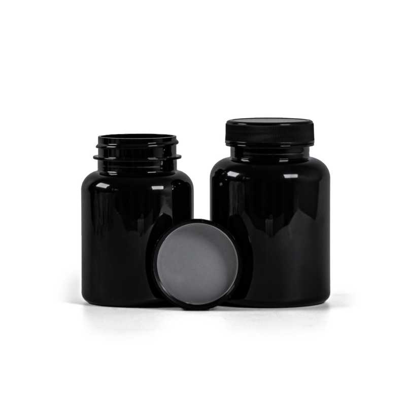 Plastová dóza na léky, černá, černé víčko, indučkní vložka, 200 ml