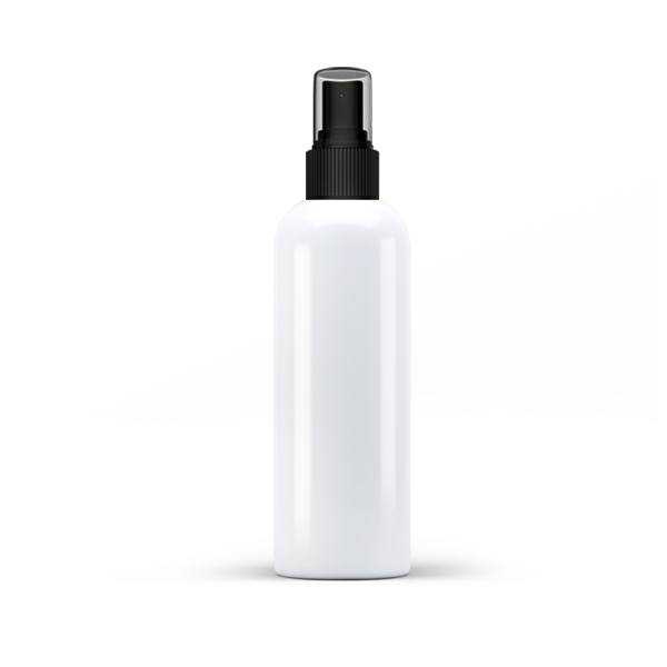 Bílá matná plastová láhev s černým rozprašovačem a krytem . Objem: 250 ml Hrdlo láhve: 24/410 Materiál: PET