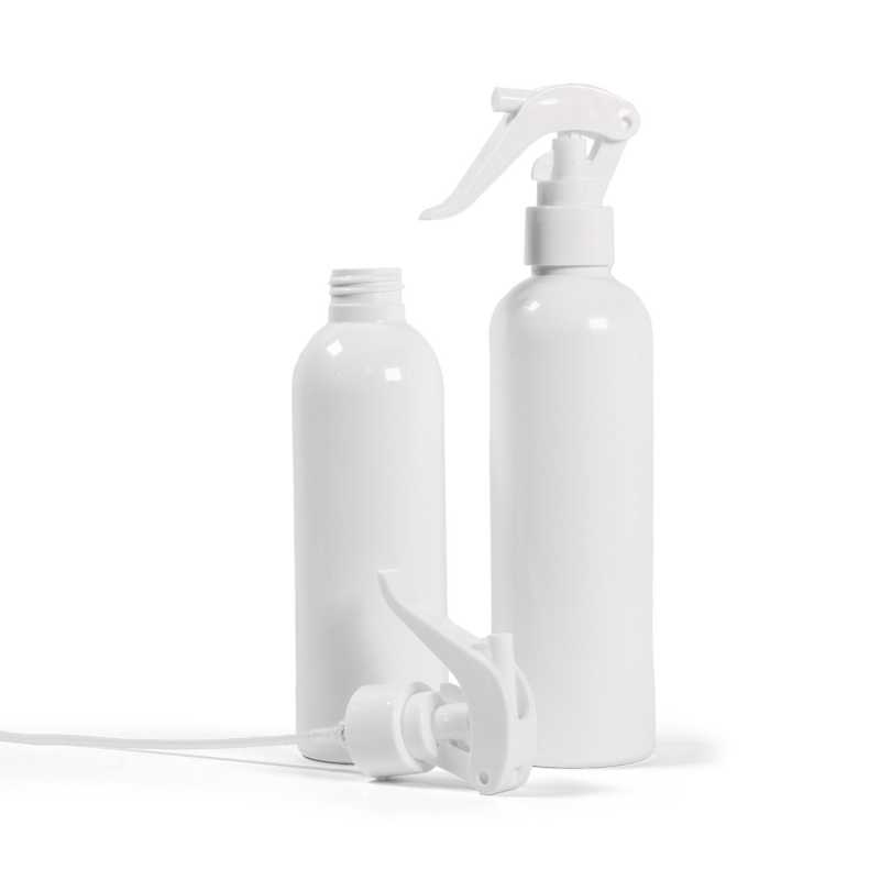 Plastová láhev, bílá, bílý pákový rozprašovač, 250 ml