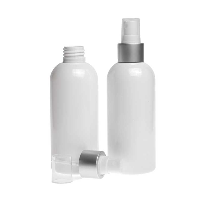 Plastová láhev, bílá, rozprašovač, bílo/stříbrný matný, 200 ml