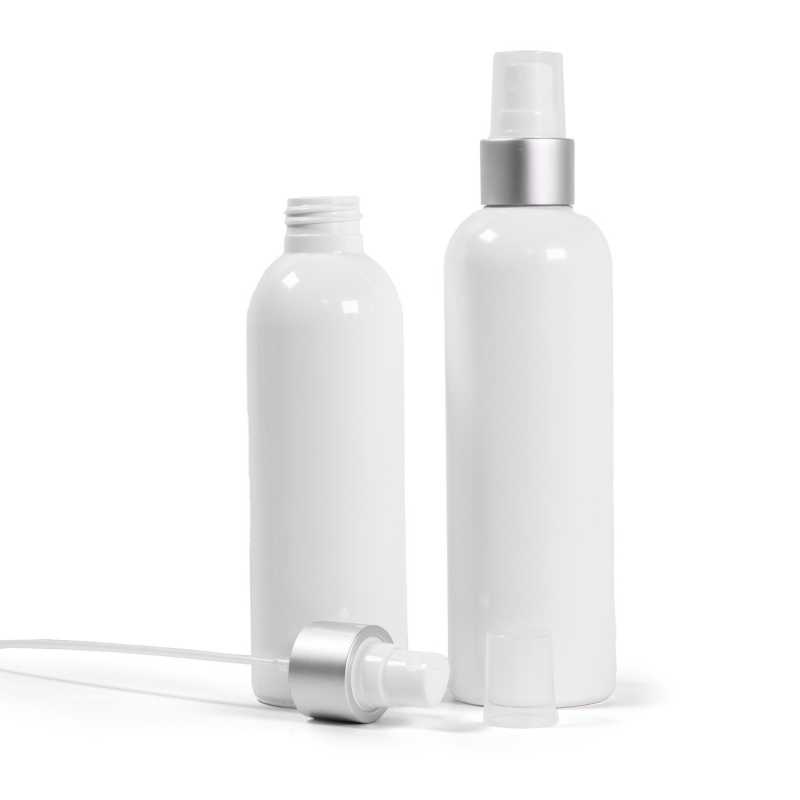 Plastová láhev, bílá, bílý sprej, stříbrná matná obruč, 250 ml