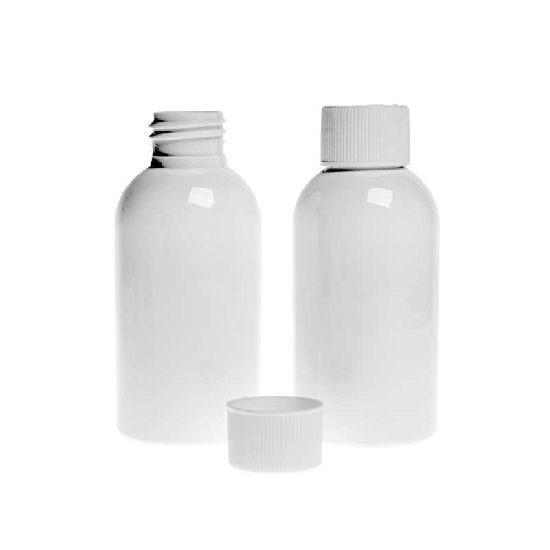 Plastová láhev bílá, bílé víčko, 100 ml