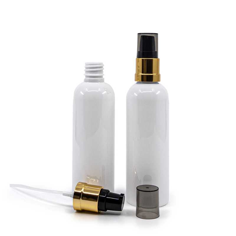 Plastová lahvička bílá, černo-zlatá lesklá pumpička s dýmovým krytem, 100 ml