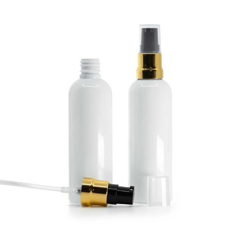 Plastová láhev bílá, černo-zlatý dávkovač, průhledný vrch, 100 ml