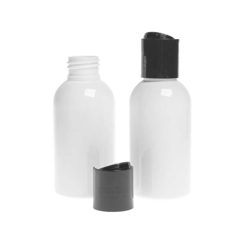 Plastová láhev bílá, černý disc top, 100 ml