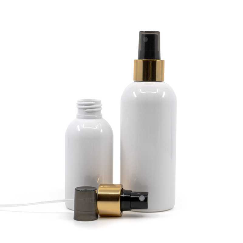 Plastová láhev bílá, černý rozprašovač, zlatá lesklá obruč, 100 ml