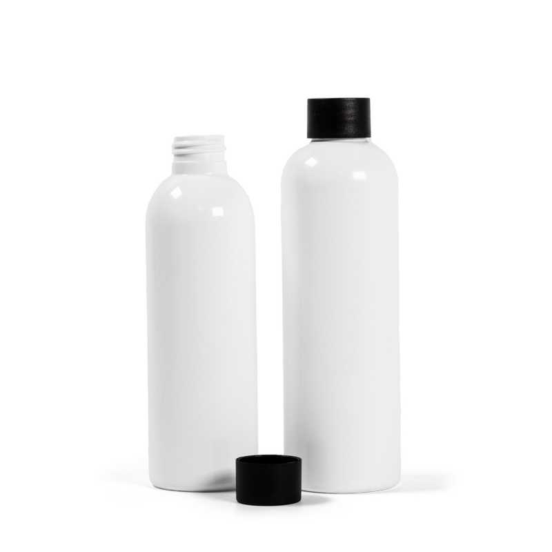 Plastová láhev bílá, černý uzávěr, 250 ml