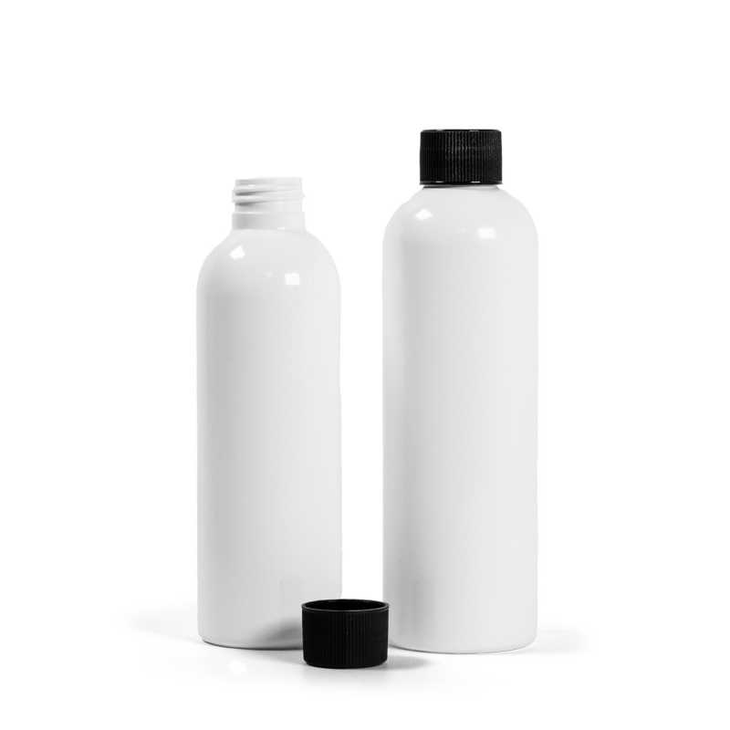 Plastová láhev bílá, černé vroubkované víčko, 250 ml
