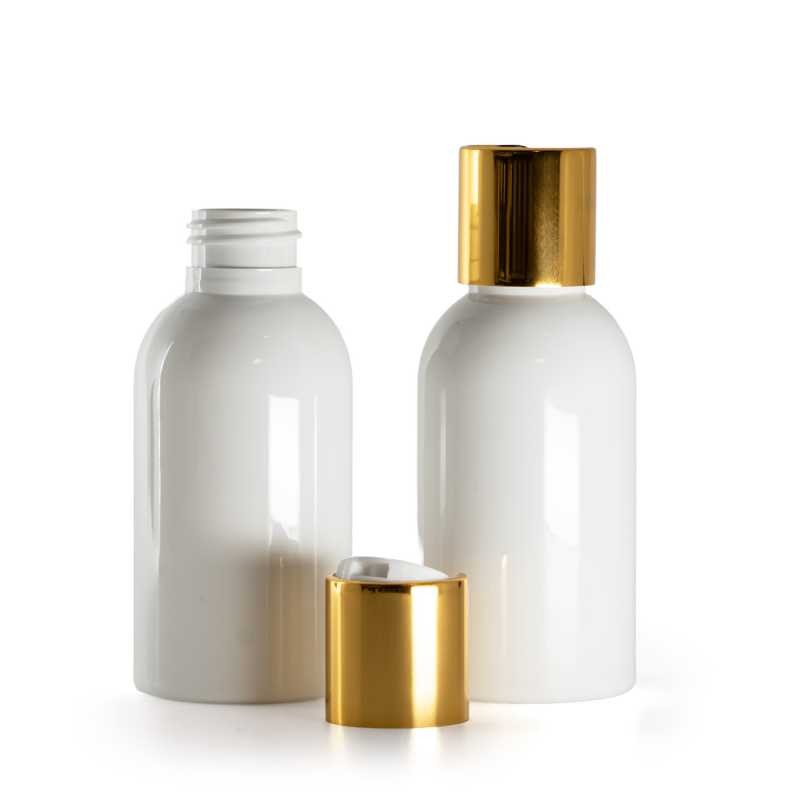 Plastová láhev, bílá, disc top uzávěr, zlatý, bílý vrch, 100 ml