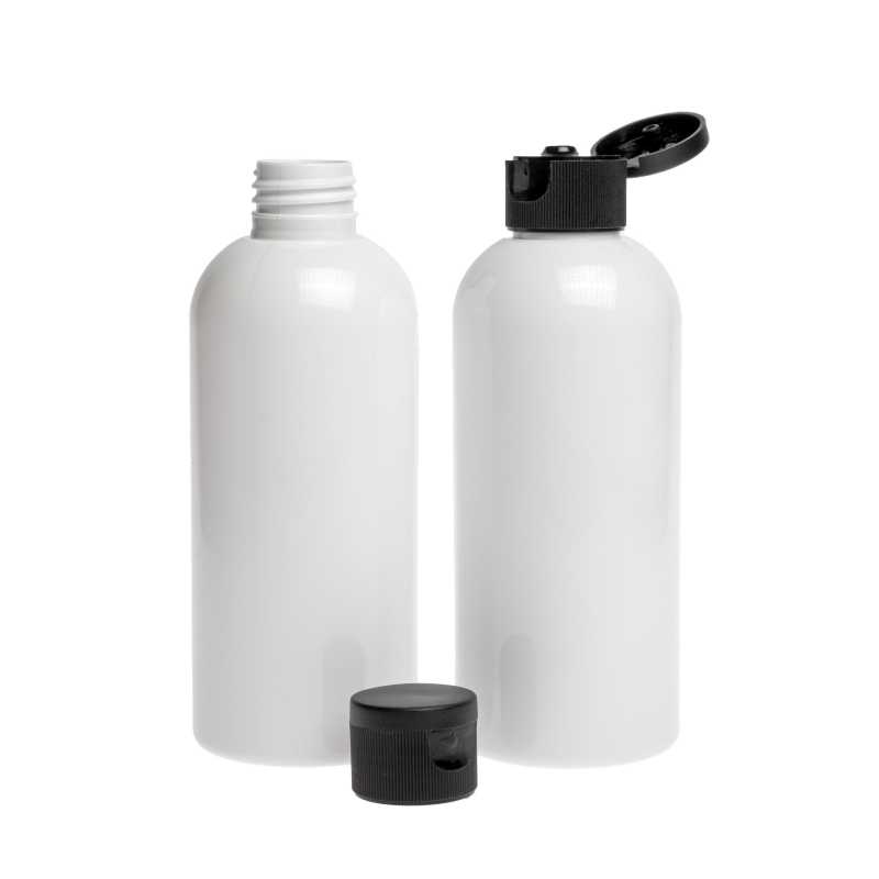 Bílá plastová láhev vyrobená z PET s lesklým povrchem. Objem: 200 ml, celkový objem 220 ml Výška láhve: 133mm Průměr láhve: 51 mm Hrdlo: 24/410 Oba