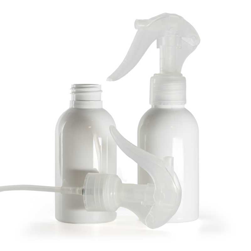 Plastová láhev, bílá, průhledný pákový rozprašovač, 100 ml