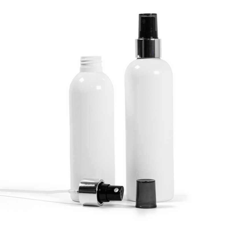 Plastová láhev bílá, černý rozprašovač, stříbrná lesklá obruč, 250 ml