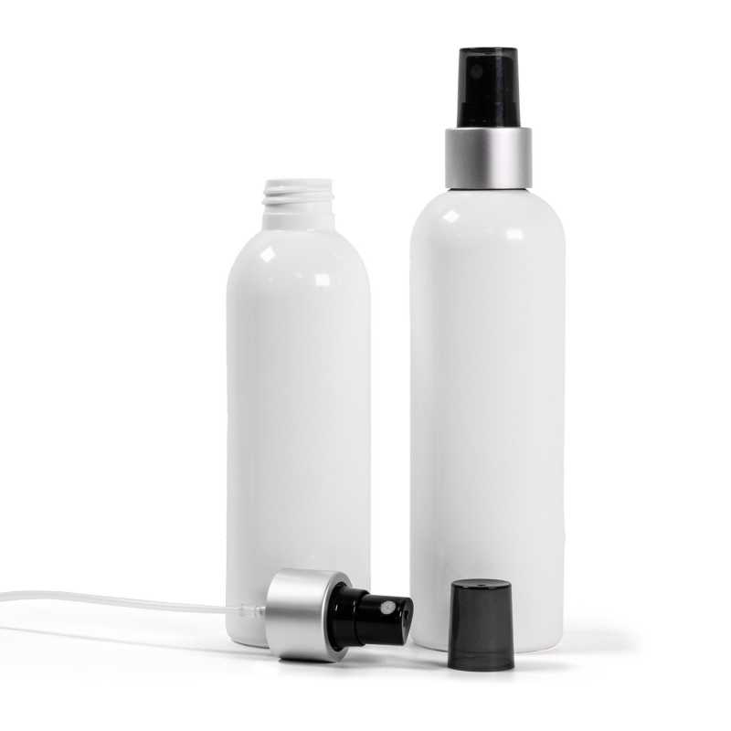 Plastová láhev bílá, černý sprej, stříbrná matná obruč, 250 ml