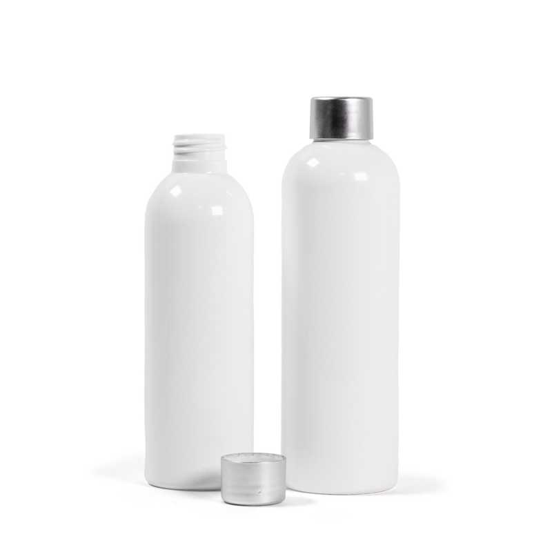 Plastová láhev bílá se stříbrným víčkem, 250 ml