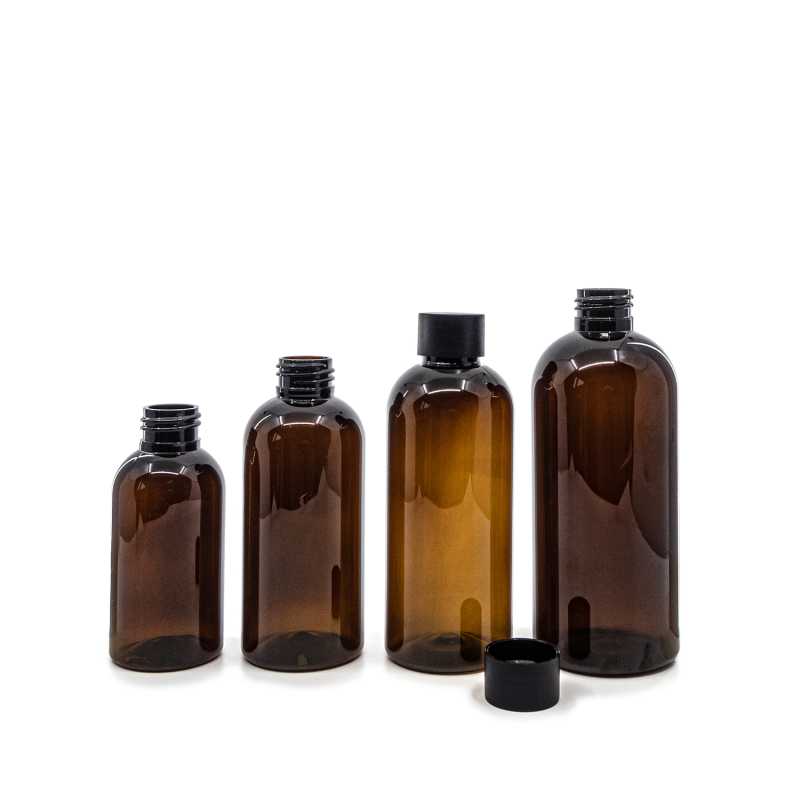 Plastová láhev, hnědá, 24/410, matně černé víčko, 100 ml