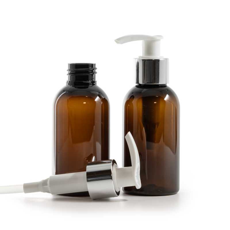 Plastová láhev, hnědá, bílo-stříbrný dávkovač, 100 ml