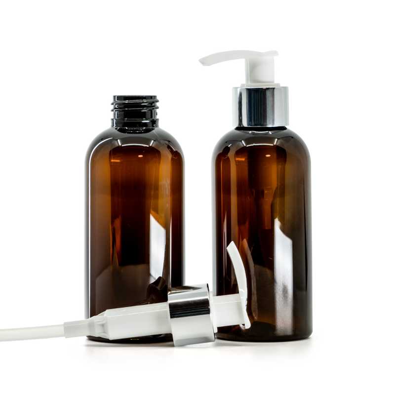 Plastová láhev, hnědá, bílo-stříbrný dávkovač, 150 ml