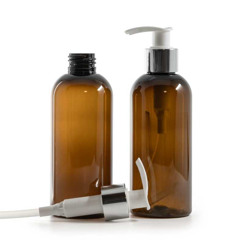 Plastová láhev, hnědá, bílo-stříbrný dávkovač, 200 ml