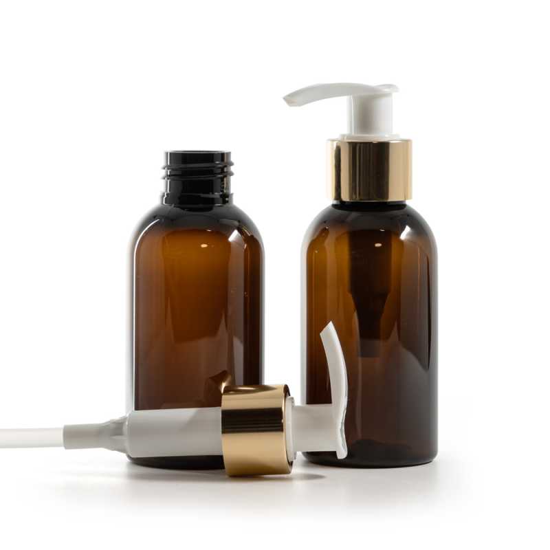 Plastová láhev, hnědá, bílo-zlatý dávkovač, 100 ml