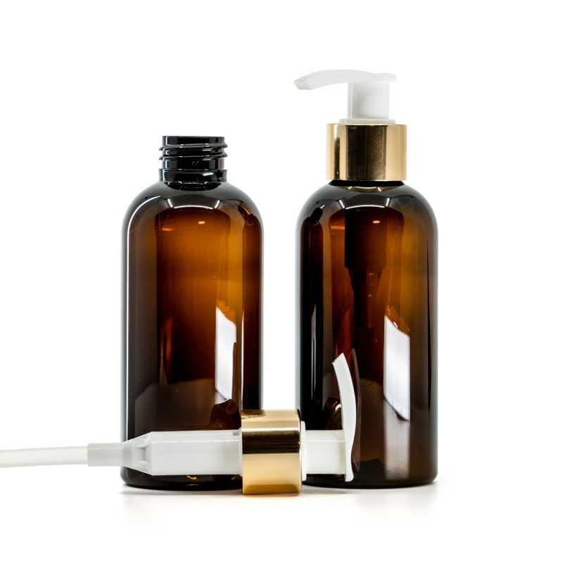 Plastová láhev, hnědá, bílo-zlatý dávkovač, 150 ml