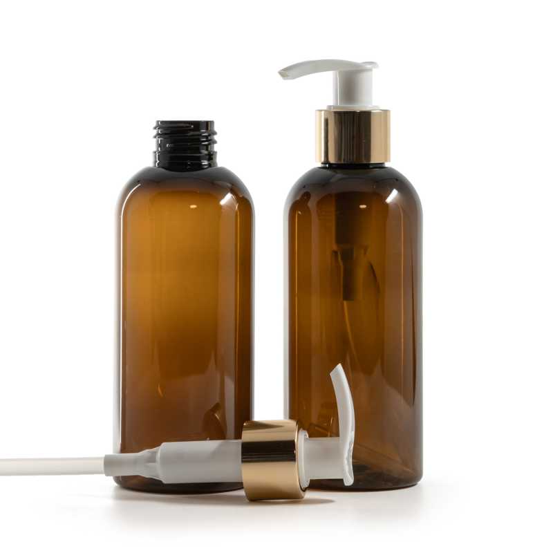 Plastová láhev, hnědá, bílo-zlatý dávkovač, 200 ml