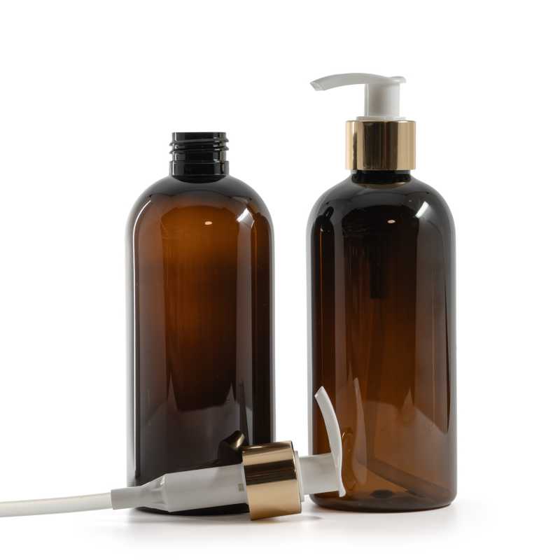 Plastová láhev, hnědá, bílo-zlatý dávkovač, 300 ml