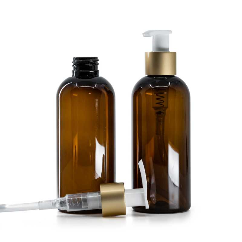 Hnědá plastová láhev, bílý dávkovač s matným zlatým kroužkem, 200 ml