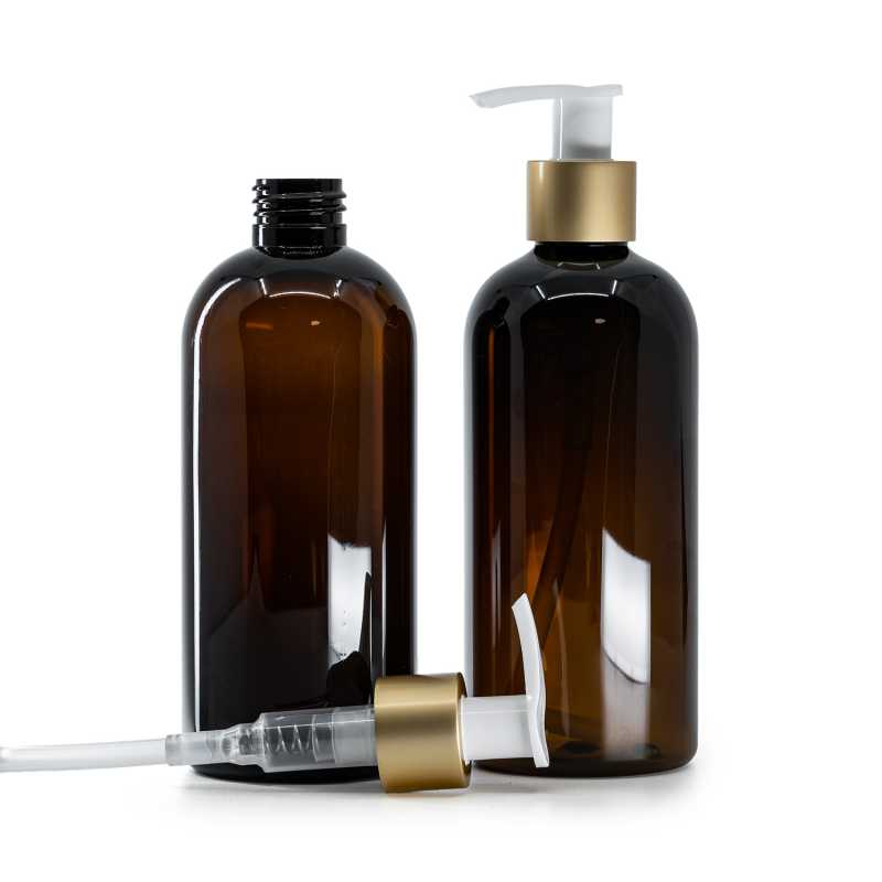 Hnědá plastová láhev s bílým dávkovačem a matným zlatým kroužkem, 300 ml