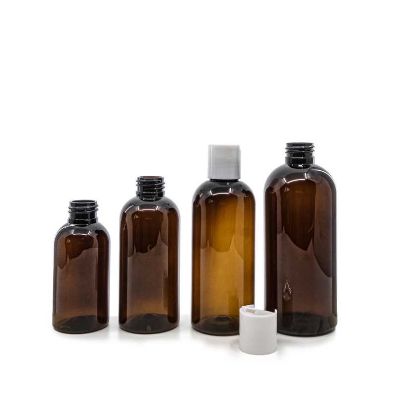 Plastová láhev, hnědá, bílý disc top, 150 ml