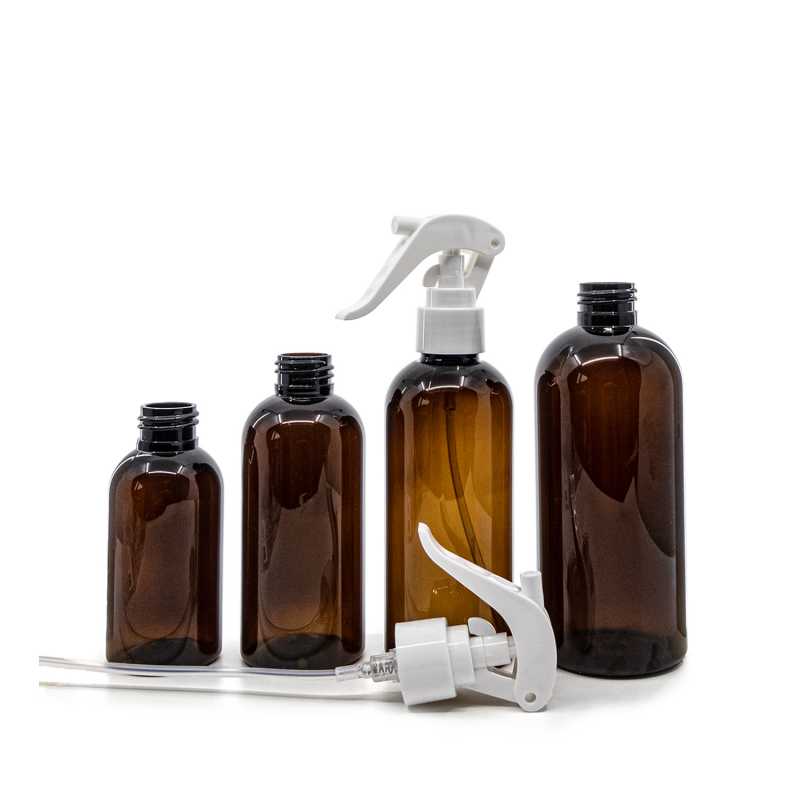 Plastová láhev, hnědá, bílý pákový rozprašovač, 150 ml