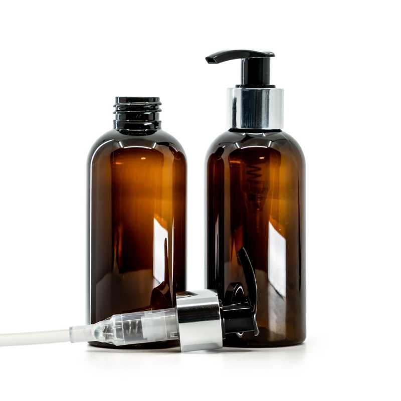 Plastová láhev, hnědá, černo-stříbrný dávkovač, 150 ml