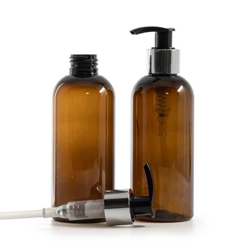 Plastová láhev, hnědá, černo-stříbrný dávkovač, 200 ml