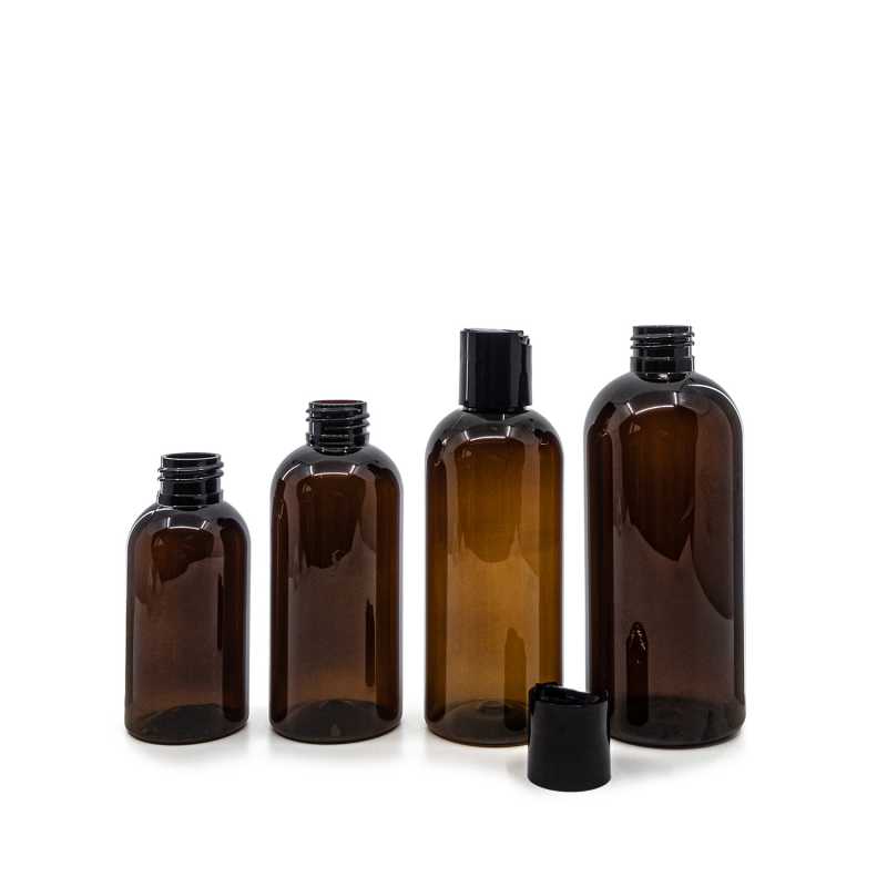 Plastová láhev, hnědá, černý disc top, 150 ml