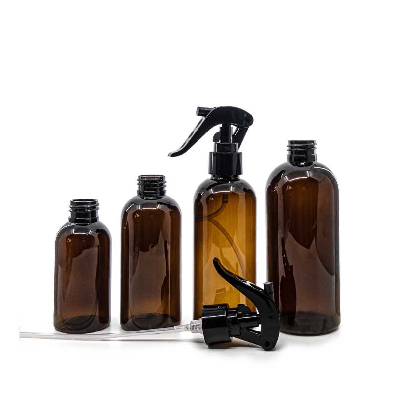 Plastová láhev, hnědá, černý pákový rozprašovač, 150 ml