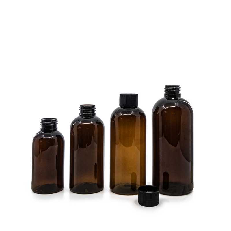 Plastová láhev, hnědá, černý vroubkovaný vrch, 150 ml