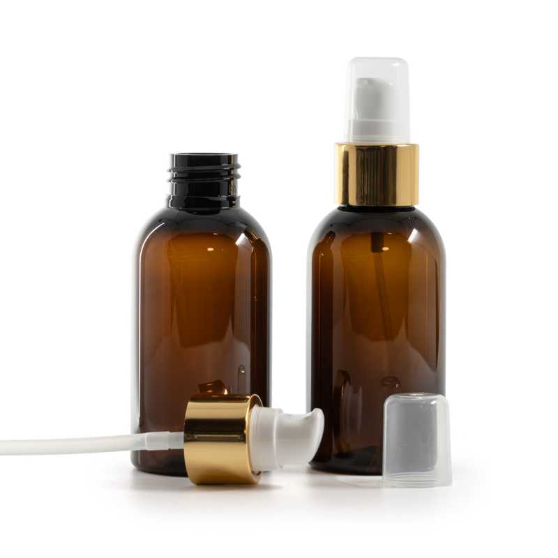 Plastová láhev, hnědá, dávkovač s krytkou, bílo-zlatý, 100 ml