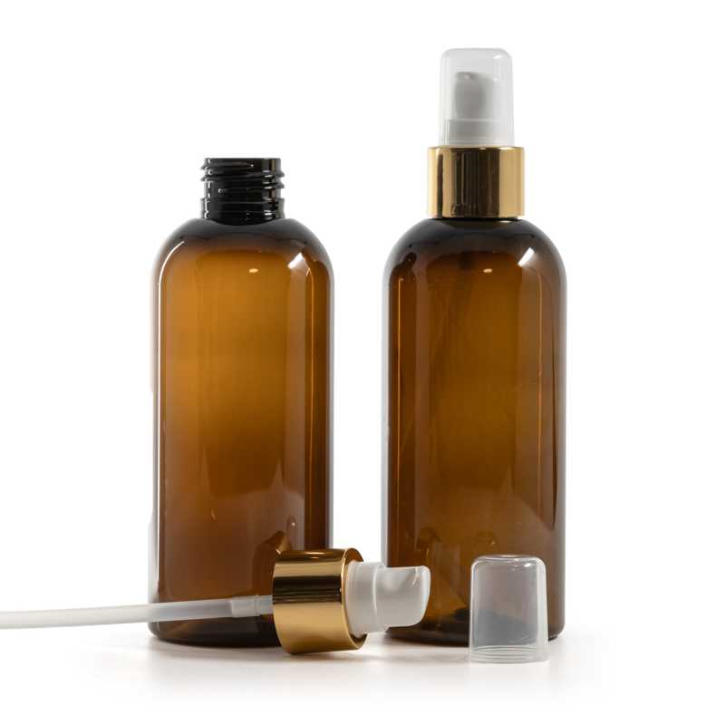 Plastová láhev, hnědá, dávkovač s krytkou, bílo-zlatý, 200 ml