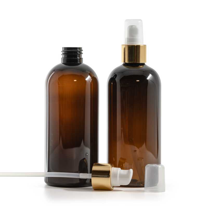 Plastová láhev, hnědá, dávkovač s krytkou, bílo-zlatý, 300 ml