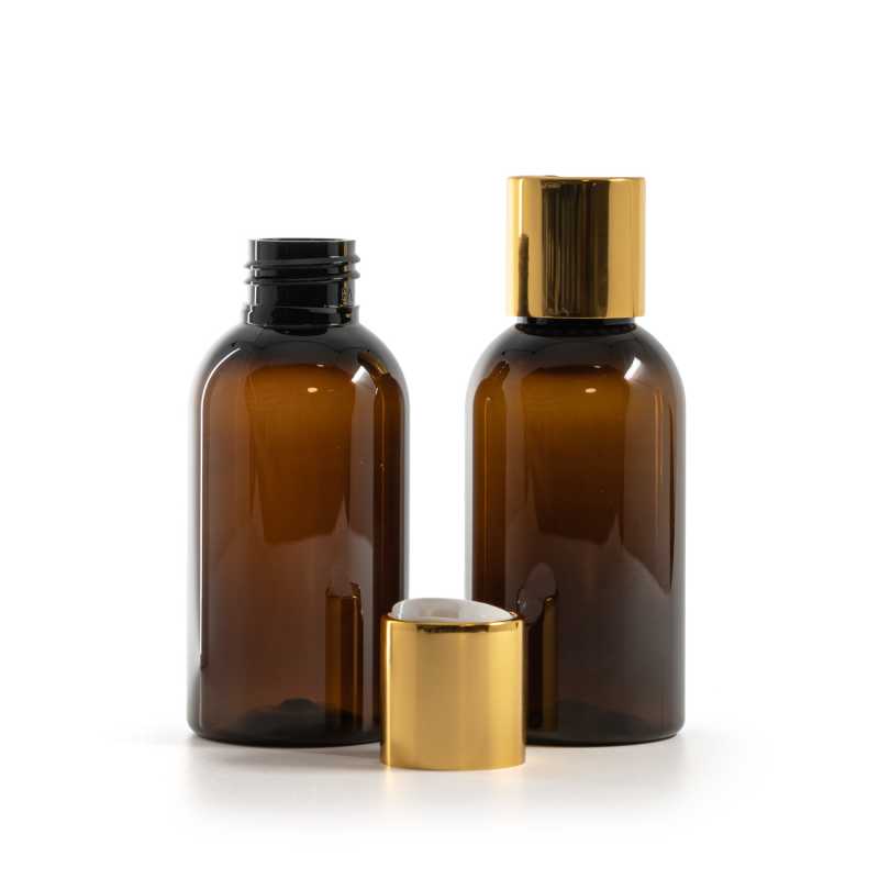 Plastová láhev, hnědá, disc top uzávěr, zlatý, bílý vrch, 100 ml