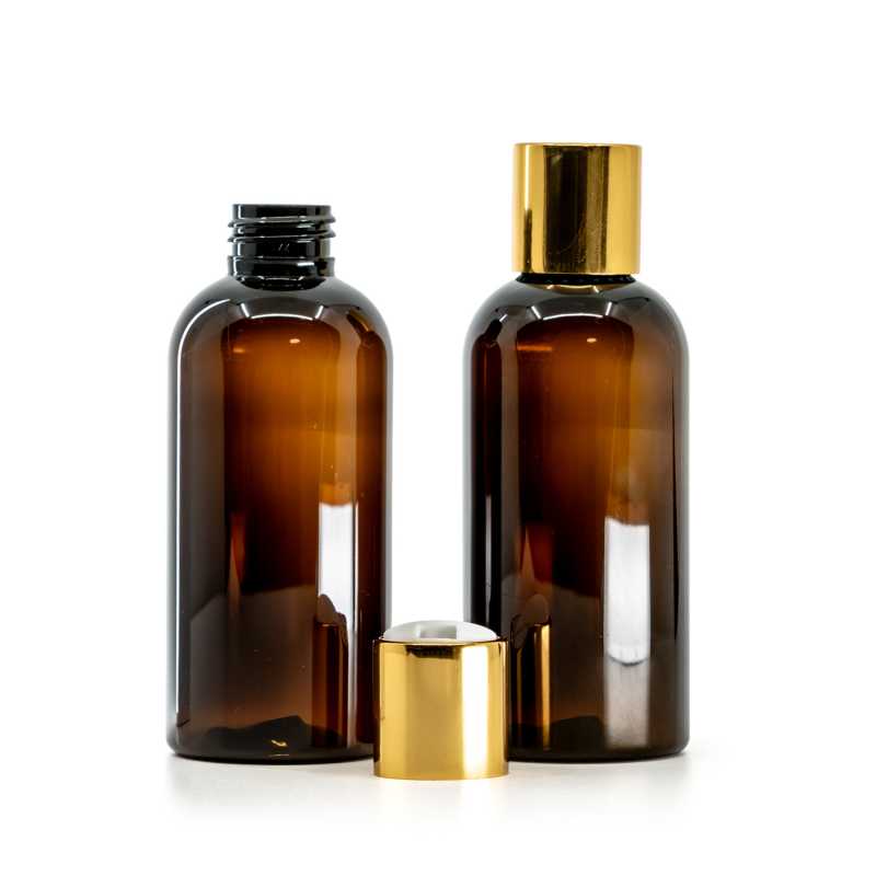 Plastová láhev, hnědá, disc top uzávěr, zlatý, bílý vrch, 150 ml