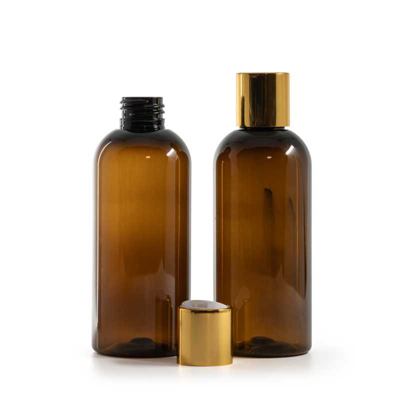 Plastová láhev, hnědá, disc top uzávěr, zlatý, bílý vrch, 200 ml