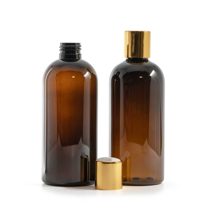 Plastová láhev, hnědá, disc top uzávěr, zlatý, bílý vrch, 300 ml